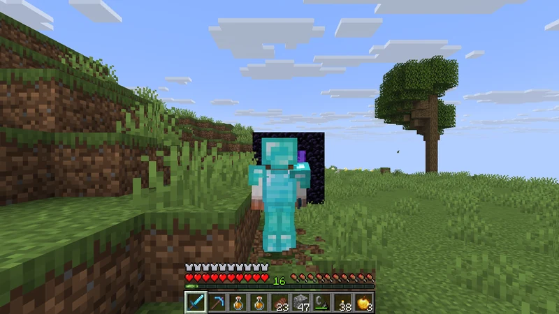The suited man in full diamond gear standing in front of the village Nether portal The suited man in full diamond gear standing in front of the village Nether portal