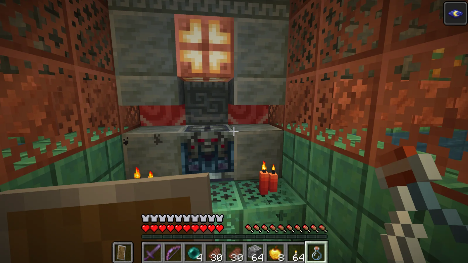 Holding an Ominous Bottle in front of the sealed Ominous Vault