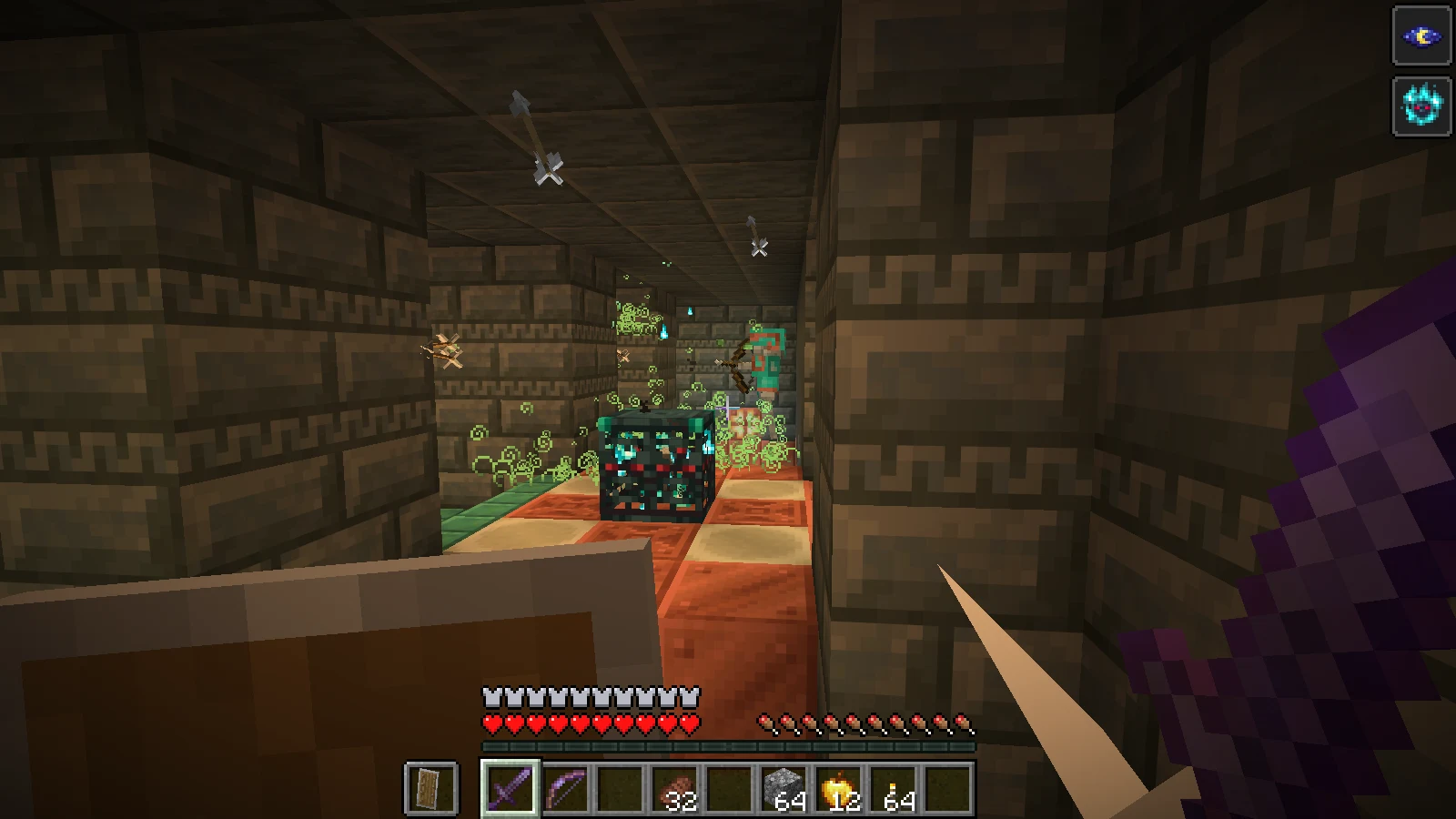 An Ominous Trial Spawner activating with pale cyan flames and particles