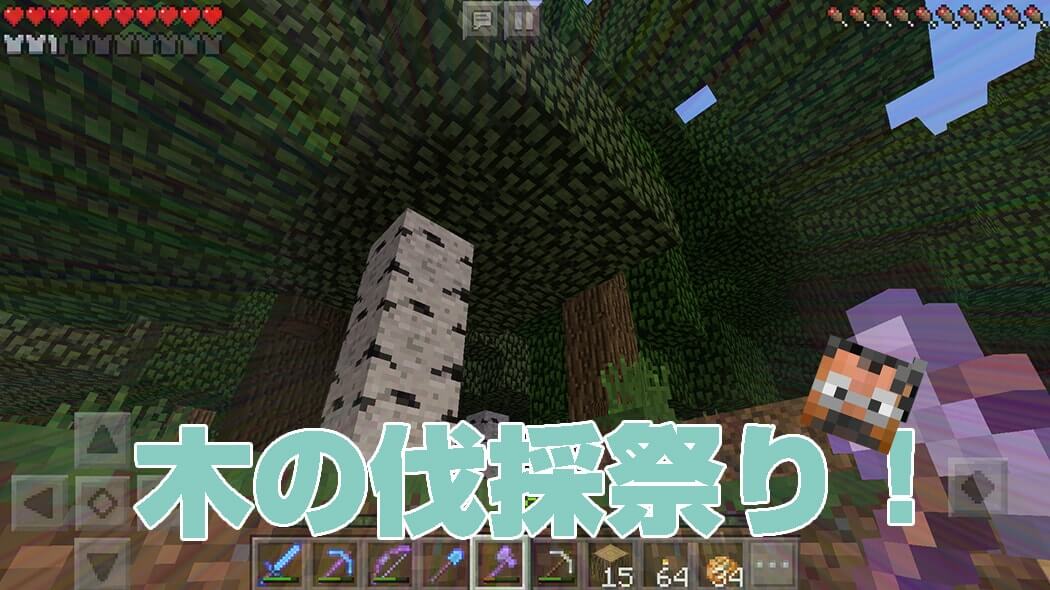 A forest beside the village being cleared to expand the building area in Minecraft PE