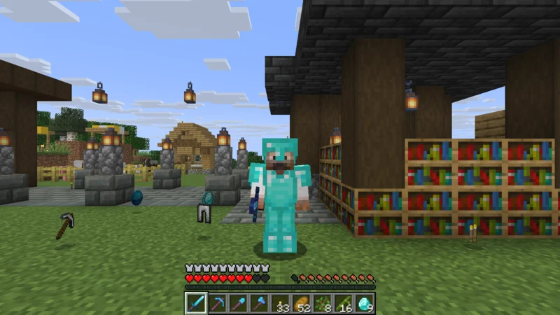 The suited man standing in the village square while wearing diamond armor