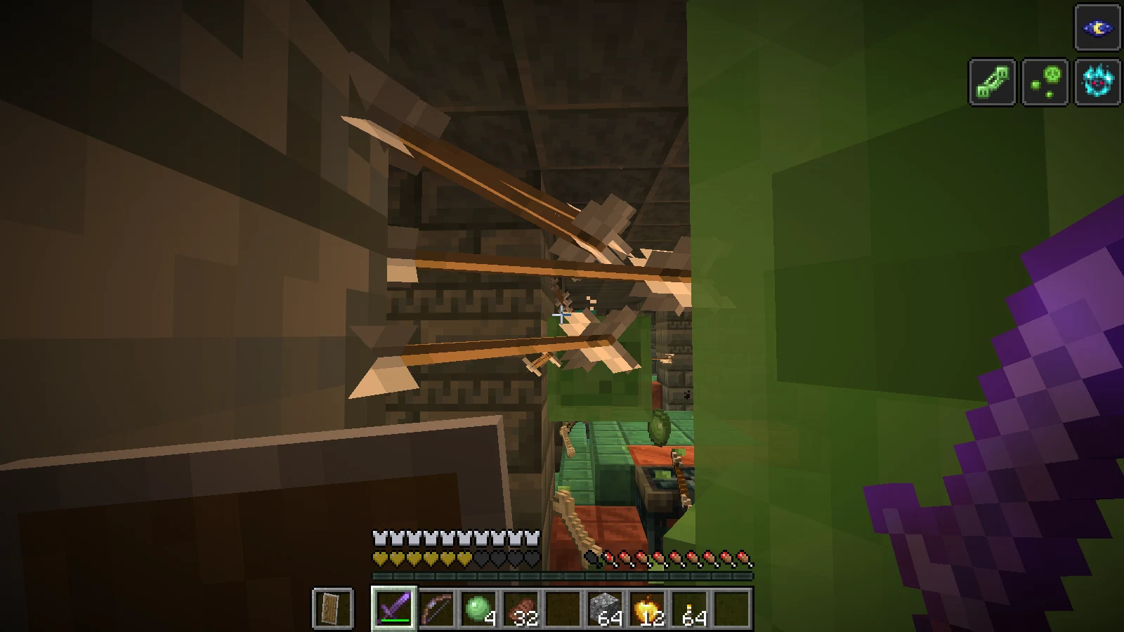 Fighting with a sword and shield as arrows fly through the Ominous Trial room