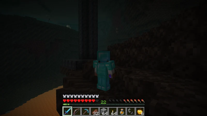 The suited man in diamond gear looking across basalt pillars and soul fire in a Soul Sand Valley
