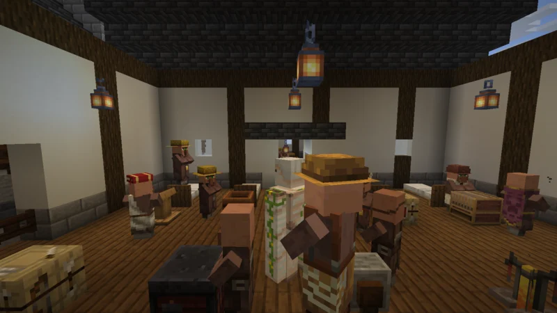 Inside the Japanese-style residence shared by 22 villagers and an Iron Golem