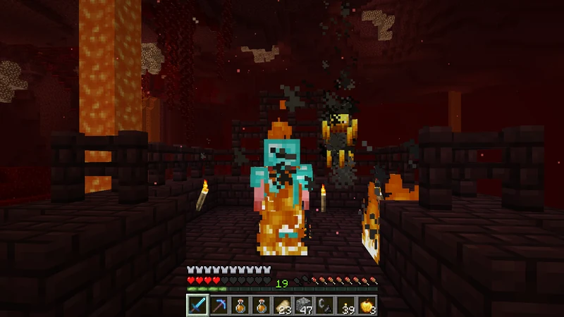 The suited man burning while fighting Blazes in full diamond gear The suited man burning while fighting Blazes in full diamond gear