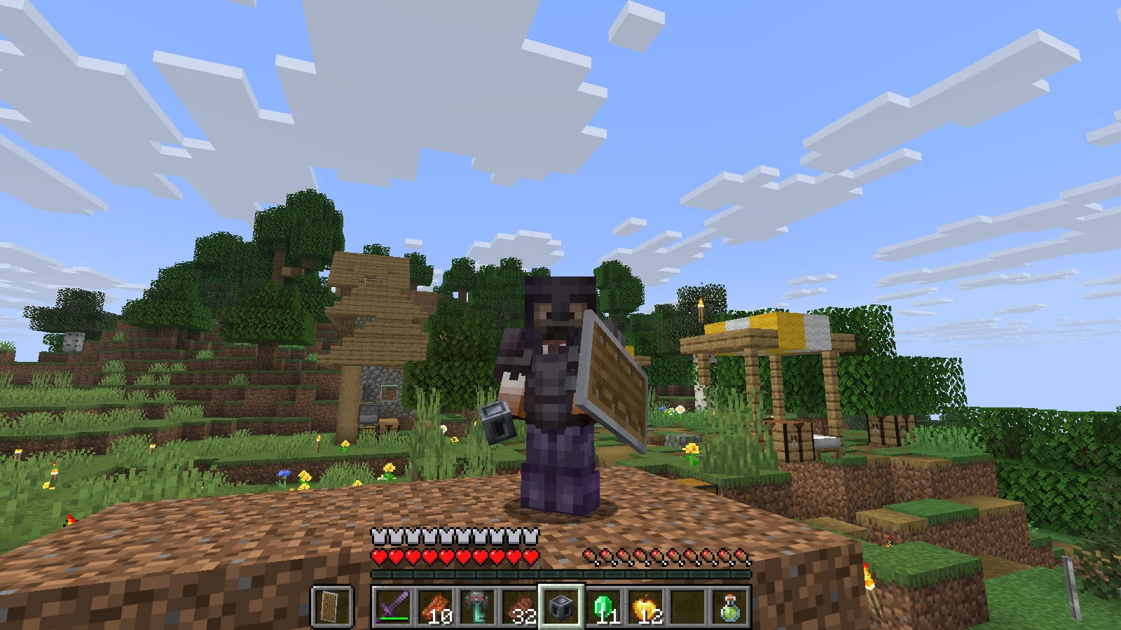 The suited man in full Netherite armor holding a Heavy Core in the village