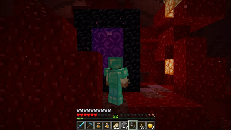 The suited man standing near a Nether portal before returning to the village The suited man standing near a Nether portal before returning to the village