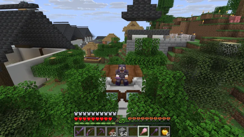 The suited man taking off above the castle town while riding a happy ghast