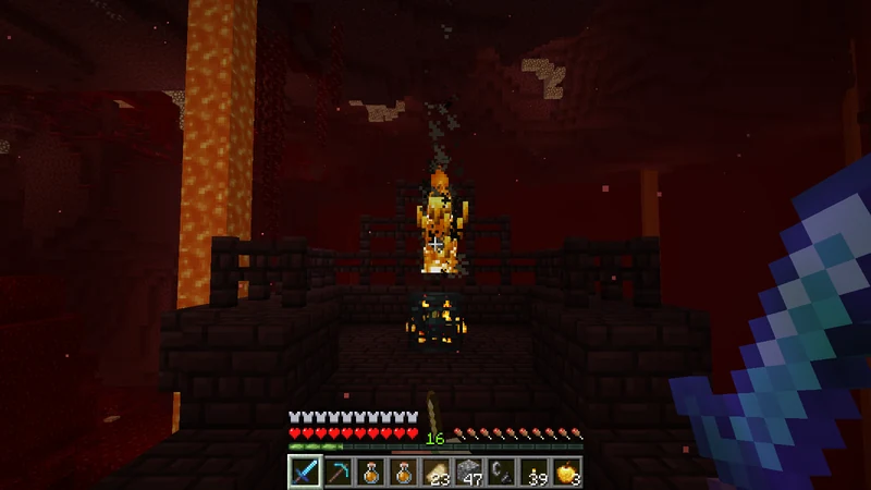 A Nether Fortress and Blaze spawner platform beside an enormous lavafall A Nether Fortress and Blaze spawner platform beside an enormous lavafall