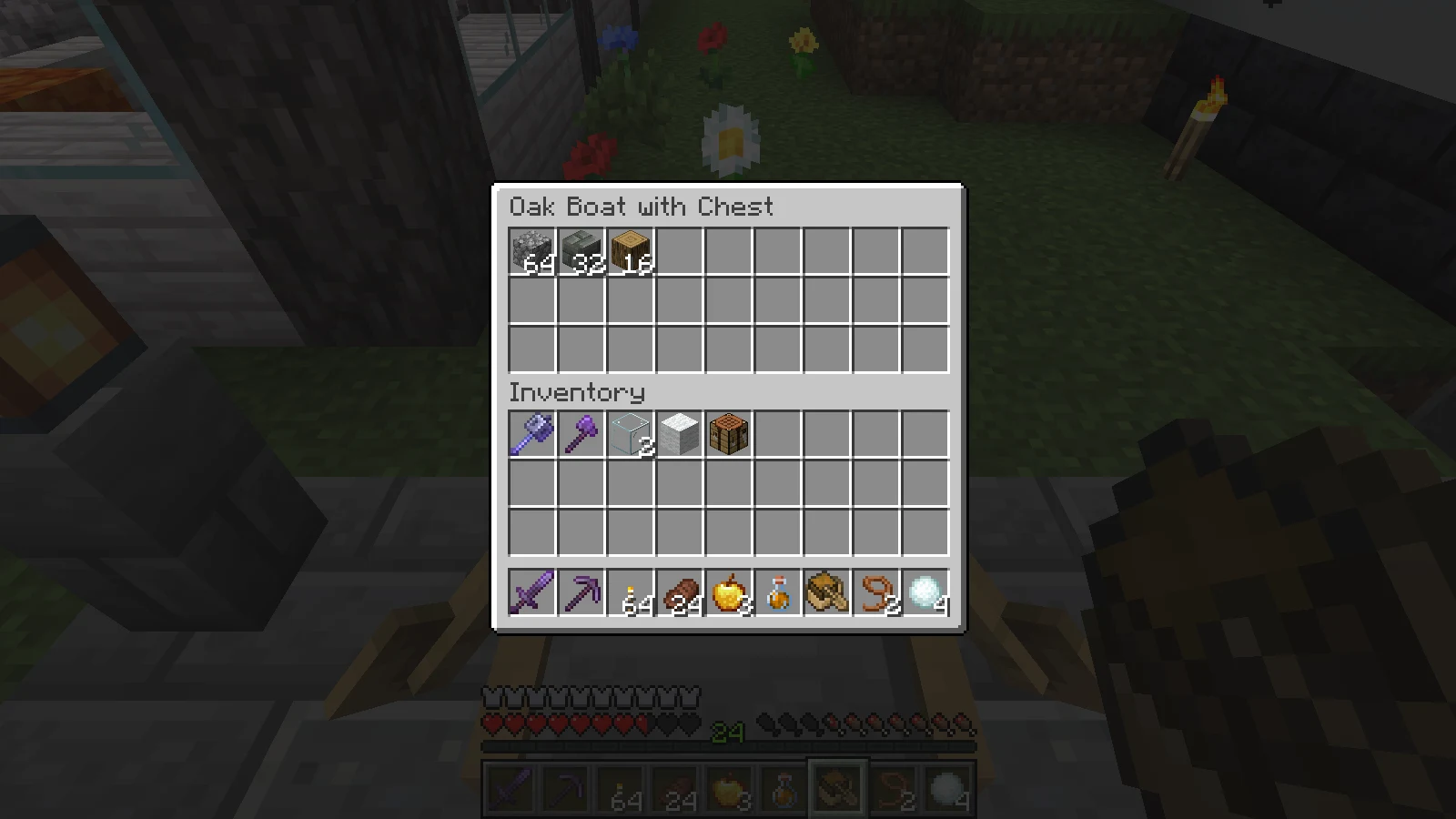A chest boat loaded with 64 cobblestone, 32 tuff bricks, and 16 oak logs