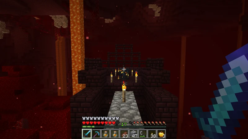 Crossing a narrow Cobblestone bridge toward the Nether Fortress spawner platform Crossing a narrow Cobblestone bridge toward the Nether Fortress spawner platform