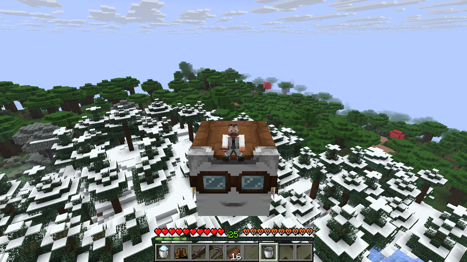 A snowy mountain discovered from the sky while riding Shiro the Happy Ghast