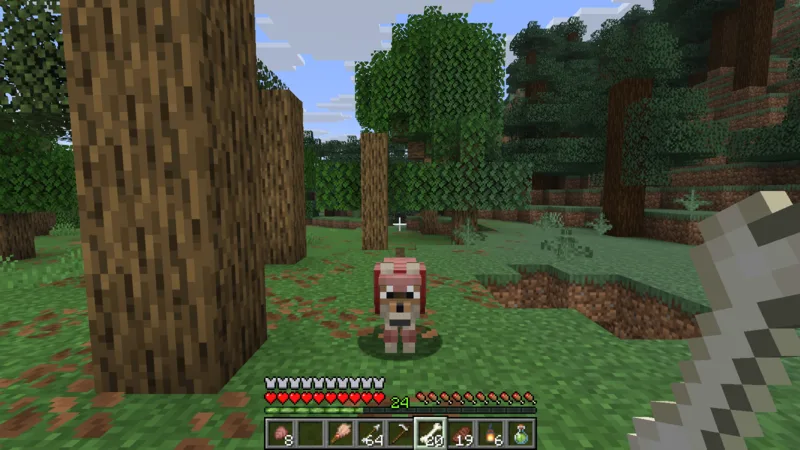 A tamed wolf wearing red Wolf Armor in a forest A tamed wolf wearing red Wolf Armor in a forest