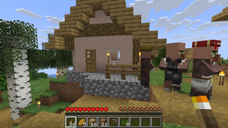 A Villager standing near Torchlight in front of a home