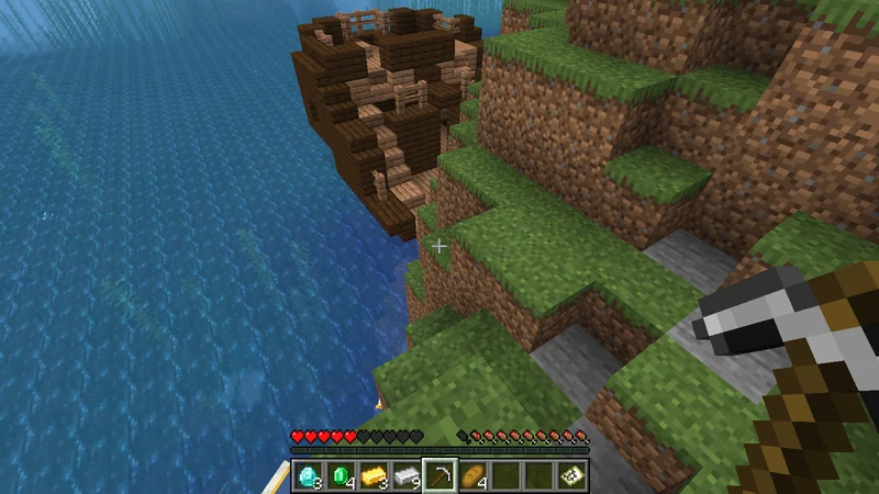 Looking down into the broken interior of the shipwreck