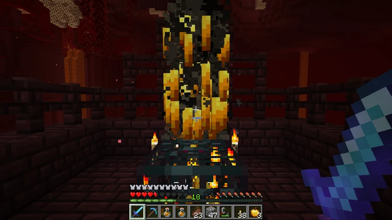 Fighting a Blaze firing a fireball in front of the Nether Fortress spawner Fighting a Blaze firing a fireball in front of the Nether Fortress spawner