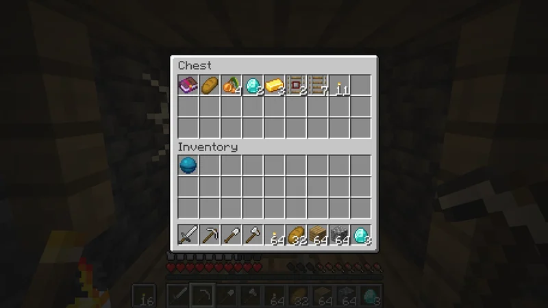 The inventory of a minecart chest opened inside the mineshaft The inventory of a minecart chest opened inside the mineshaft