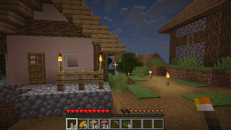 Torches illuminating village homes and paths at night
