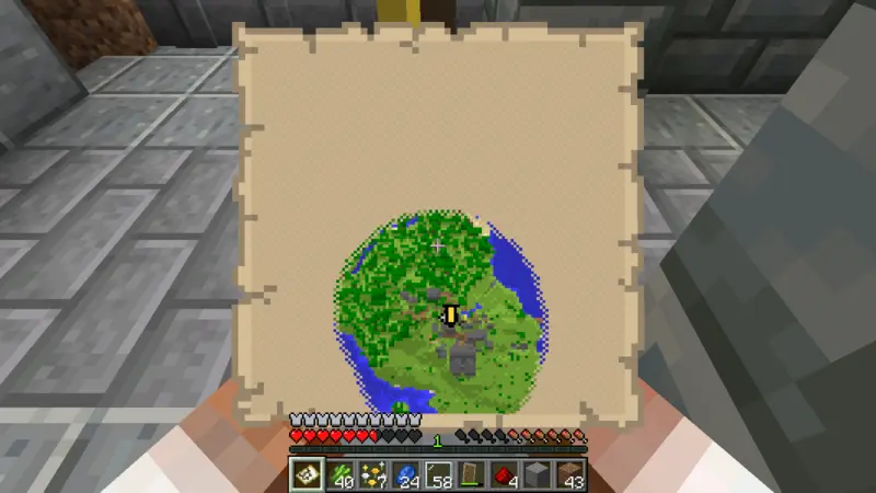 A yellow banner outside the cartographer workshop while I hold the map A yellow banner outside the cartographer workshop while I hold the map