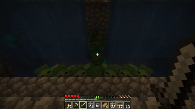 The man in a suit holding an iron sword toward a group of zombies in the kill chamber The man in a suit holding an iron sword toward a group of zombies in the kill chamber