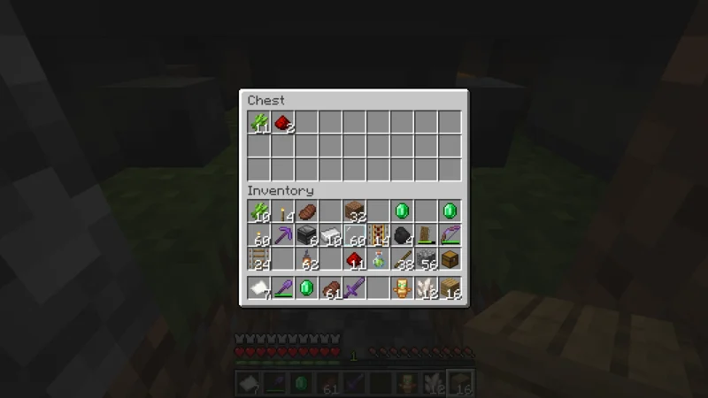 Eleven pieces of sugar cane in the collection chest after tests triggered by placing the third level by hand