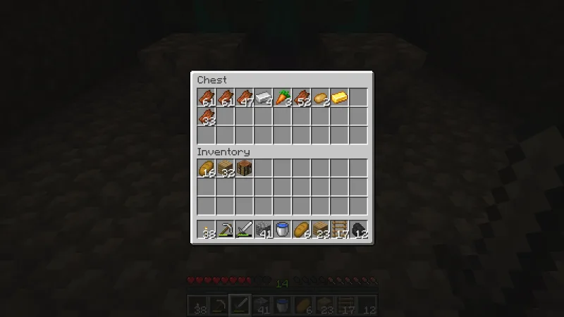 A chest containing drops collected from the zombie spawner XP farm A chest containing drops collected from the zombie spawner XP farm