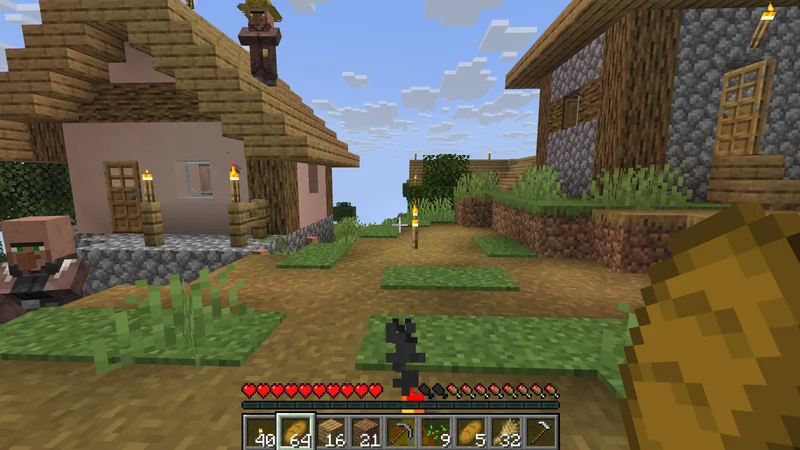 A lively village scene with houses, fields, and villagers