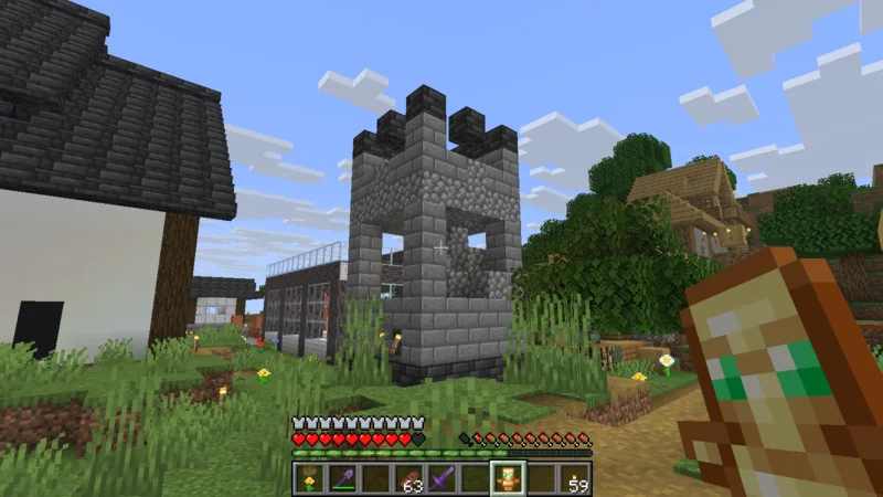 The completed stone watchtower in the castle town during the day