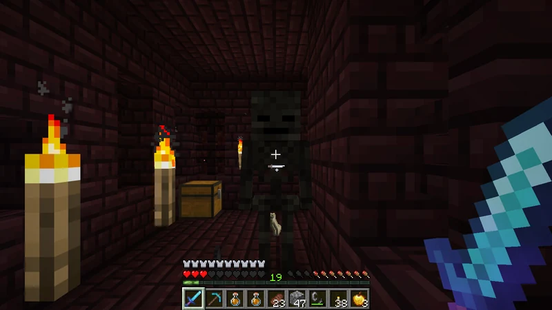 A Wither Skeleton holding a stone sword in a Nether Fortress corridor A Wither Skeleton holding a stone sword in a Nether Fortress corridor