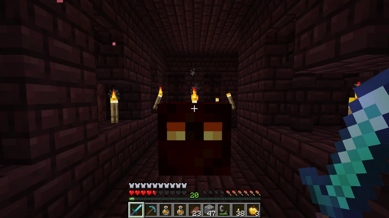 A black Magma Cube with orange eyes inside the Nether Fortress A black Magma Cube with orange eyes inside the Nether Fortress