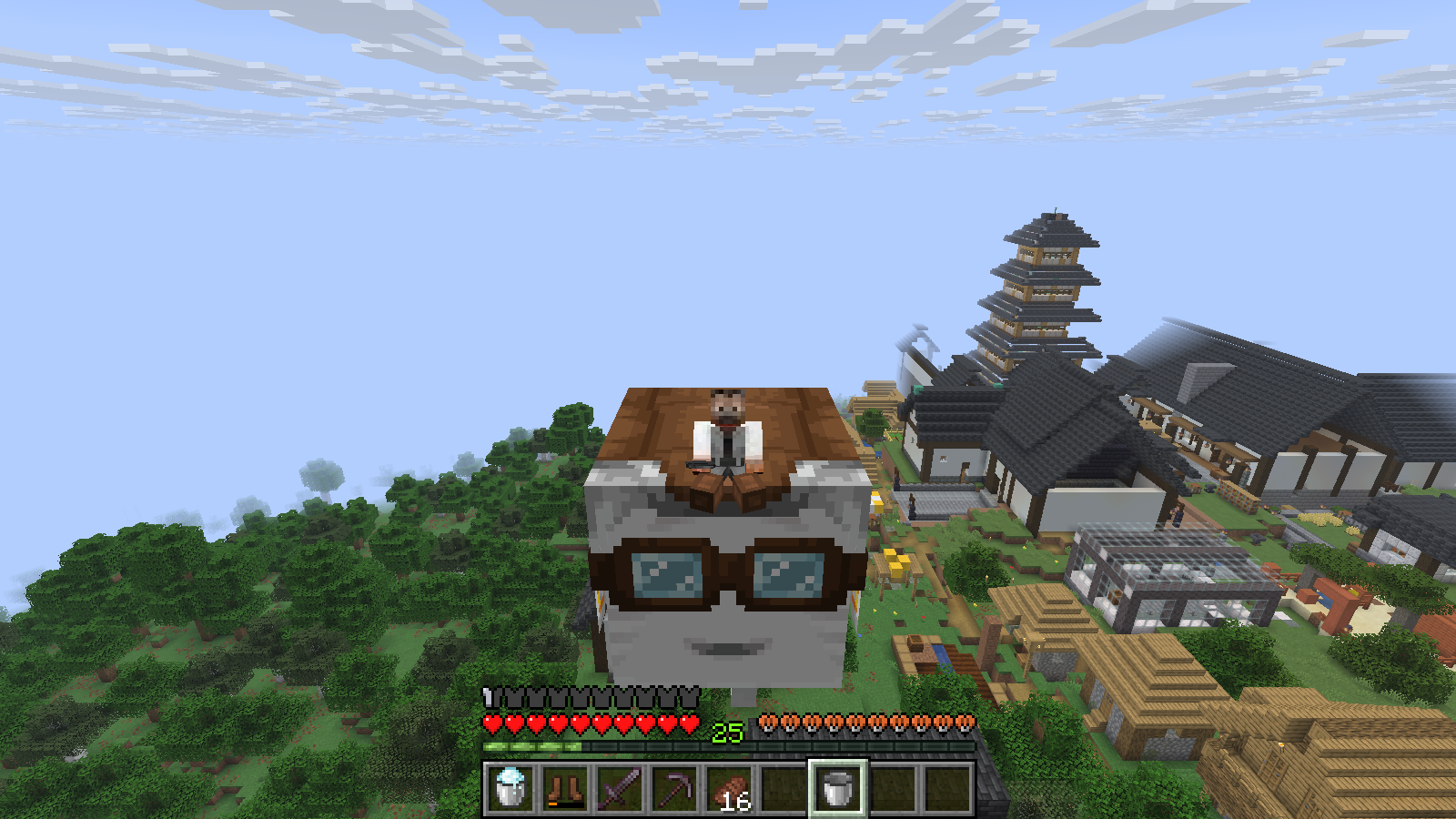 Returning above the castle keep and houses while riding Shiro the Happy Ghast