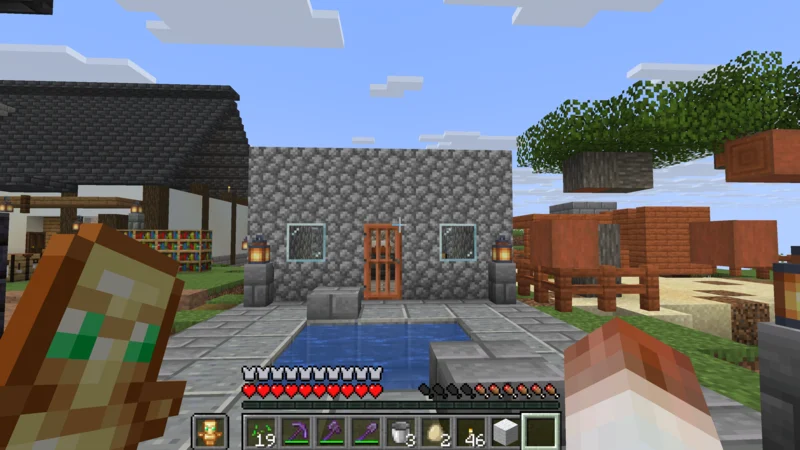 The completed cake shop without a sign beside the castle town square
