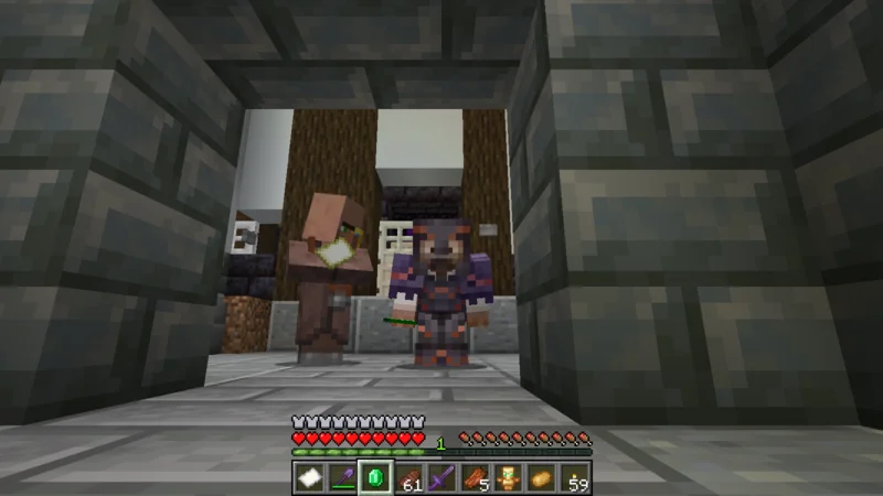 A suited man holding an emerald beside a cartographer at the workshop entrance