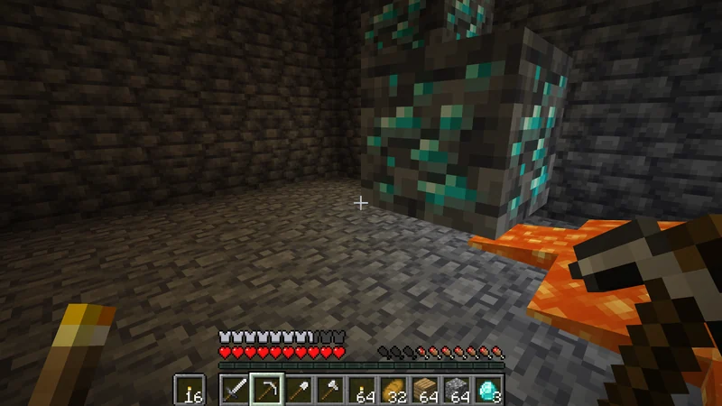 Mining diamond ore beside lava with an Iron Pickaxe Mining diamond ore beside lava with an Iron Pickaxe