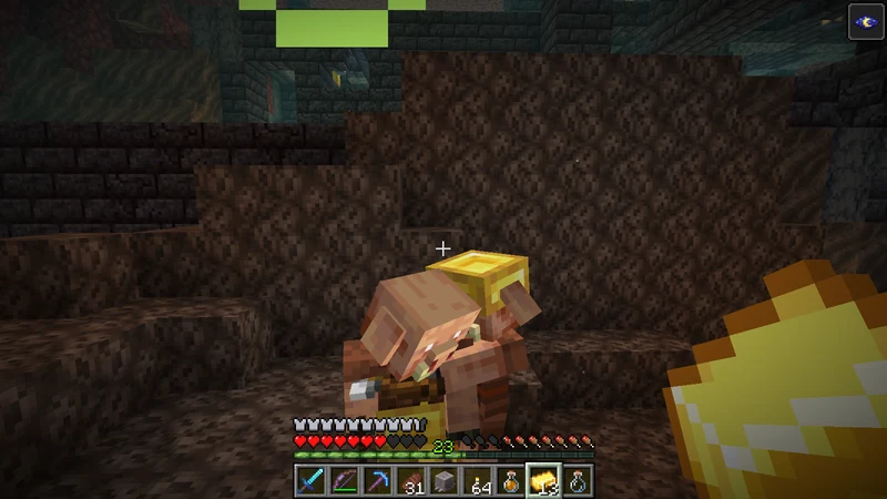 A Piglin holding a Gold Ingot after picking it up to begin bartering A Piglin holding a Gold Ingot after picking it up to begin bartering