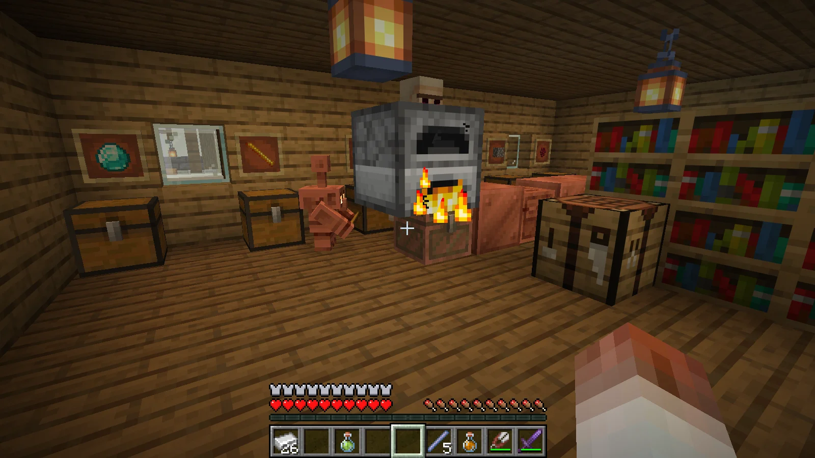 The warehouse Copper Golem beside the furnaces and Copper Block The warehouse Copper Golem beside the furnaces and Copper Block