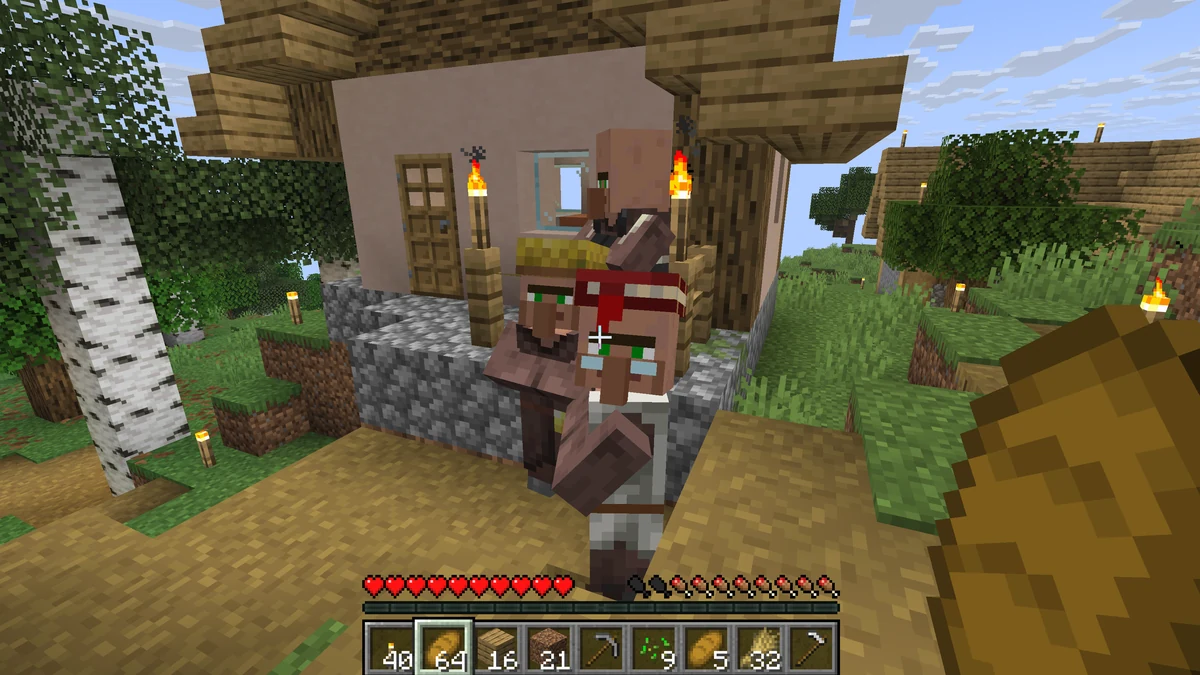 A baby villager standing near a house in our well-lit village