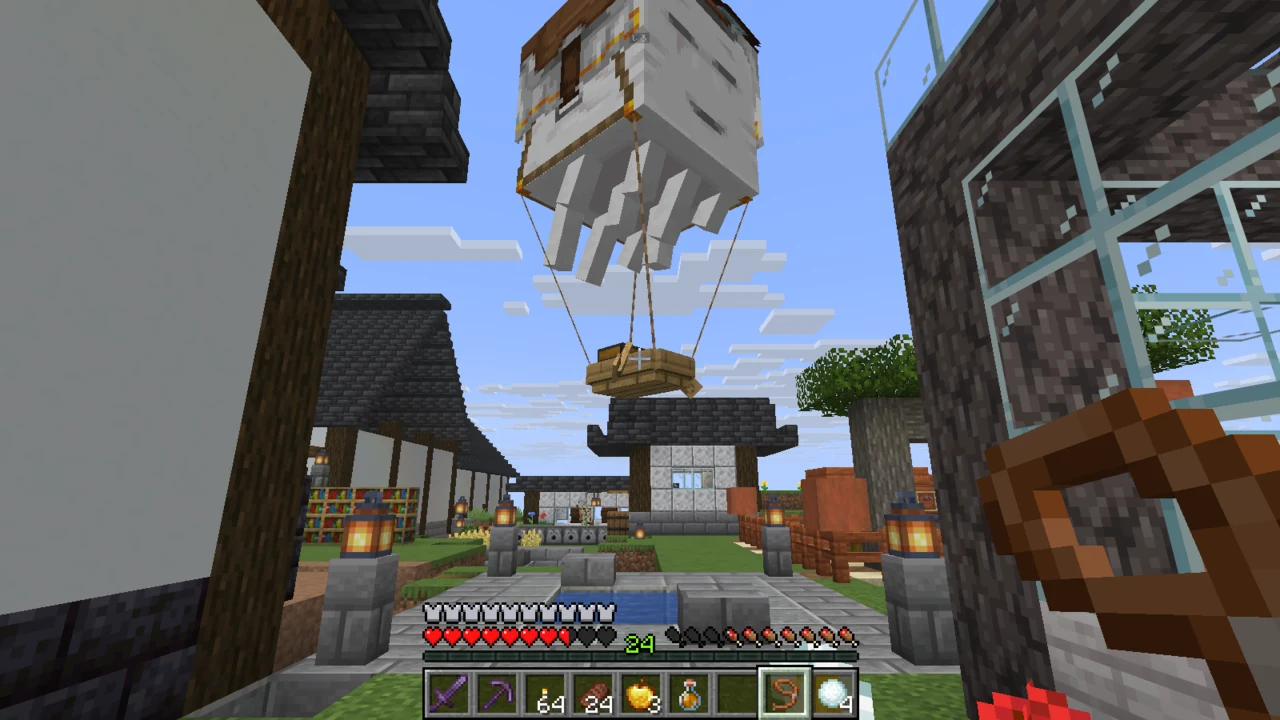 Shiro the Happy Ghast flying through the castle town with a chest boat suspended below