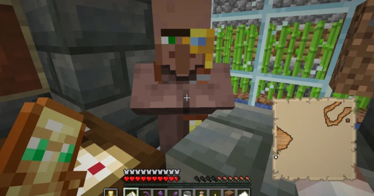 2026-08-28-minecraft-memo-cartographer-trades-eyecatch 製図所の入口に立つ製図家と向き合うおじさん