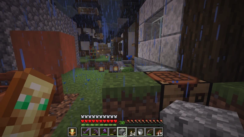 A crafting table and furnace at the entrance to the western underground stairs A crafting table and furnace at the entrance to the western underground stairs