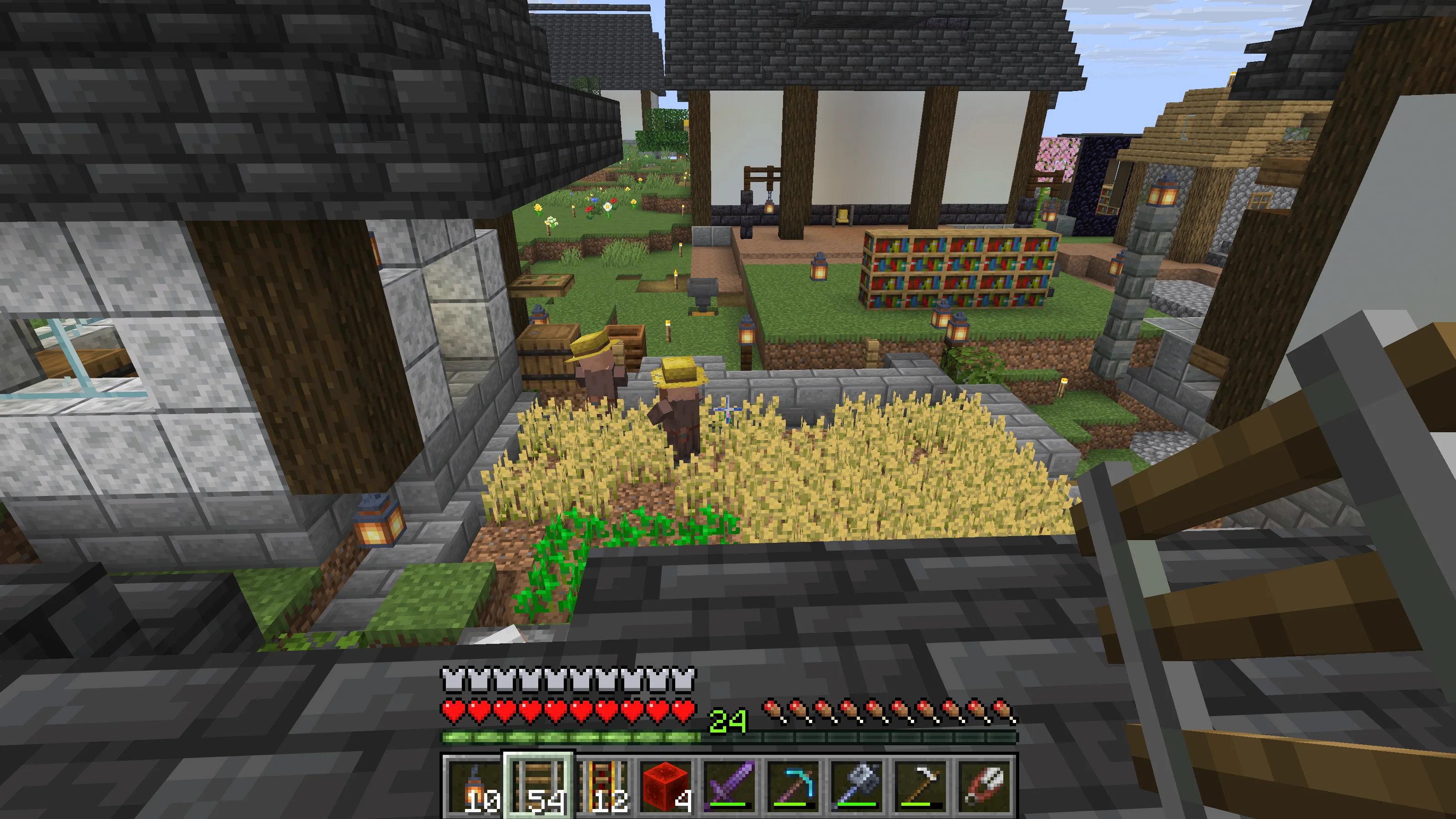 A water-flow wheat farm surrounded by castle-town buildings A water-flow wheat farm surrounded by castle-town buildings