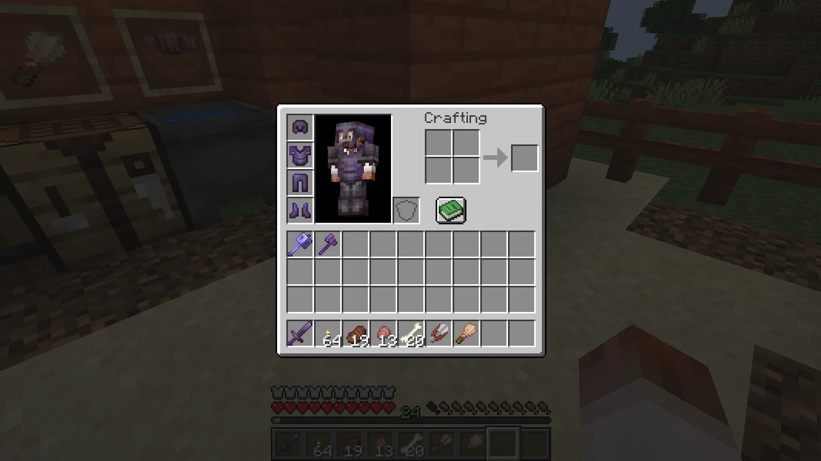 An inventory prepared at the ranch care station with a sword, torches, food, scutes, and shears An inventory prepared at the ranch care station with a sword, torches, food, scutes, and shears