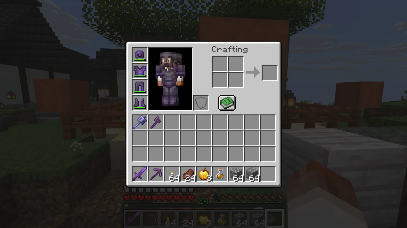 An inventory prepared for Nether exploration with sword, pickaxe, torches, food, and a Fire Resistance Potion An inventory prepared for Nether exploration with sword, pickaxe, torches, food, and a Fire Resistance Potion