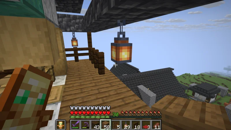The veranda floor circling the keep with lanterns hanging from the eaves The veranda floor circling the keep with lanterns hanging from the eaves