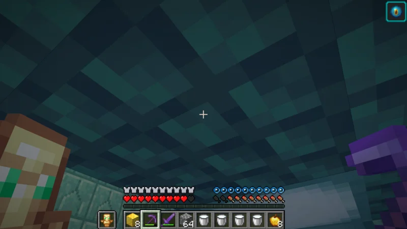 海底神殿で金ブロックを回収し、所持欄に8個あることを確かめる場面 海底神殿で金ブロックを回収し、所持欄に8個あることを確かめる場面