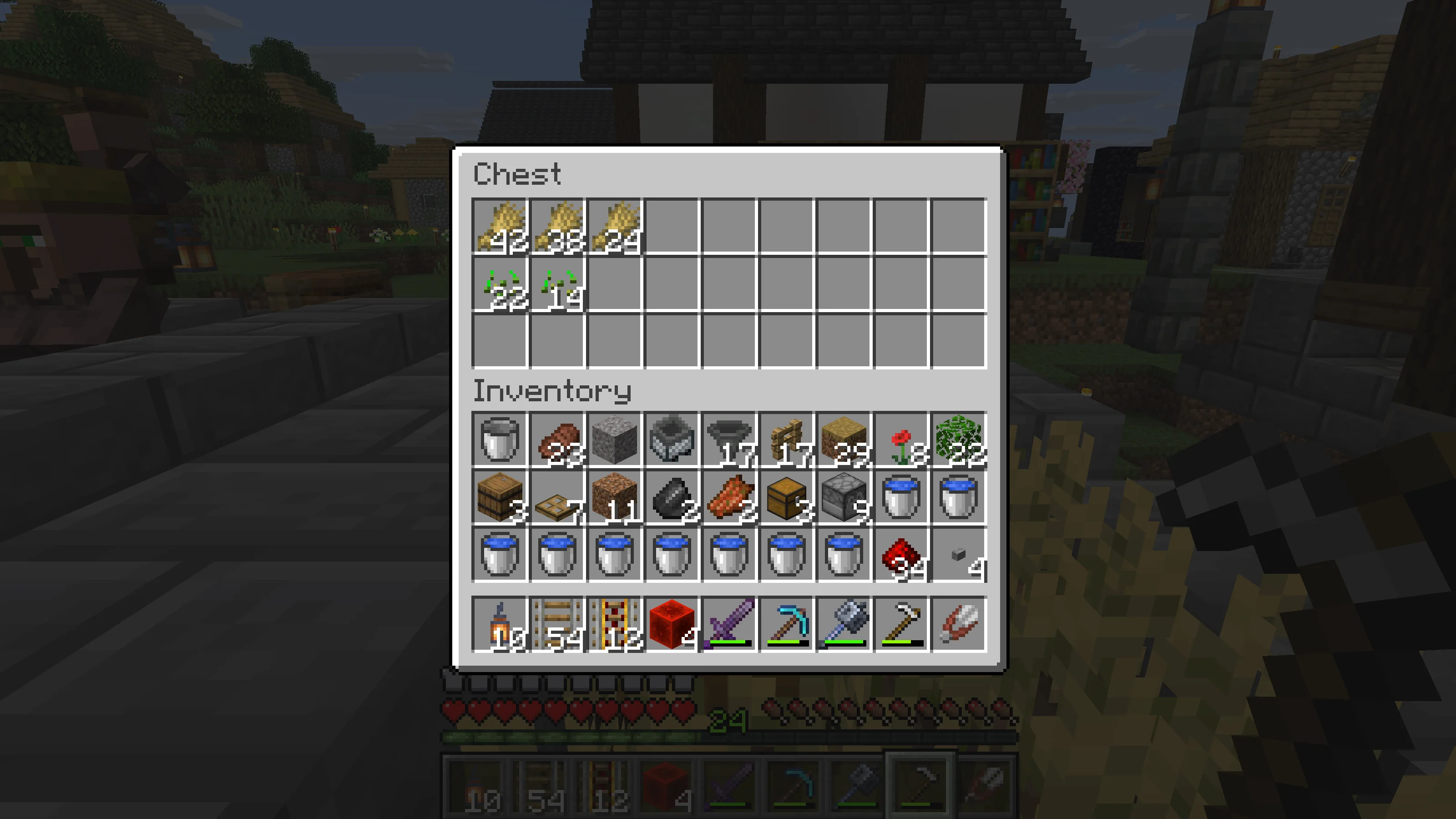 A chest storing wheat and seeds collected by the water flow A chest storing wheat and seeds collected by the water flow