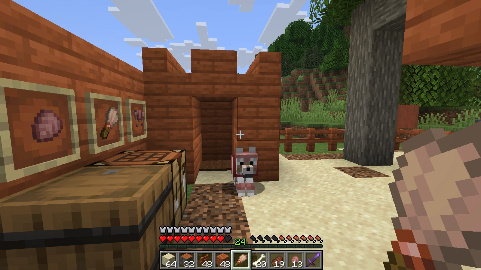 An acacia wolf kennel with an armored wolf beside it An acacia wolf kennel with an armored wolf beside it