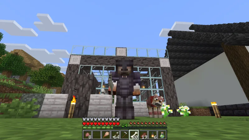 The suited uncle standing beside the armored wolf in front of the greenhouse The suited uncle standing beside the armored wolf in front of the greenhouse