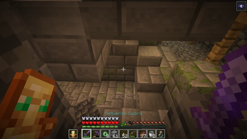 The entrance and stairs of a stronghold made of mossy stone bricks
