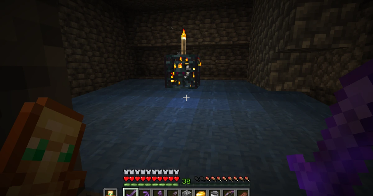 Water flowing around a skeleton spawner in the underground bone and arrow workshop Water flowing around a skeleton spawner in the underground bone and arrow workshop